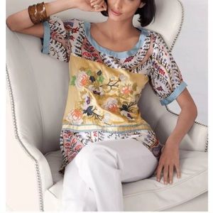 Johnny Was Floral Mistic Scarf Print Silk Embroidered Paneled Tunic Top Size XXL